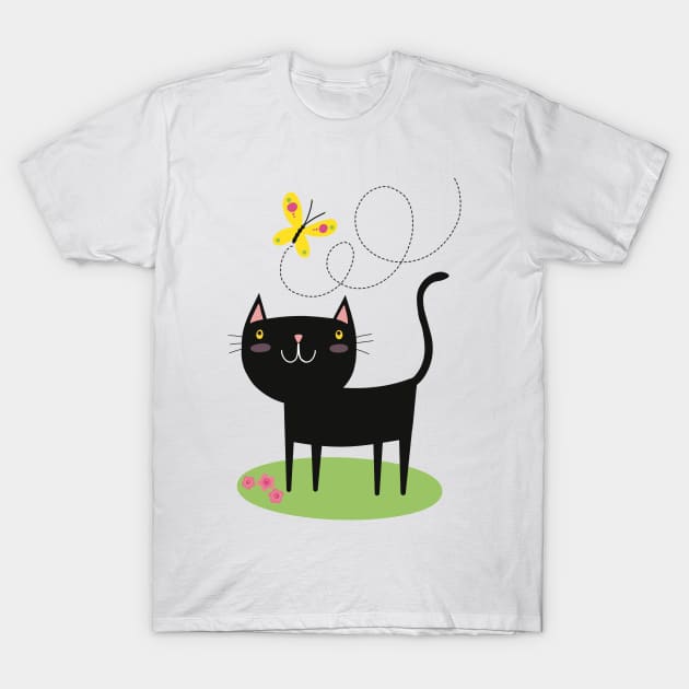 Black cat and butterfly T-Shirt by marina63